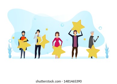 Customer review rating vector feedback banner. Top business clent women and men concept. Best good star success. Survey character evaluation experience vote online. Quality five like appreciation