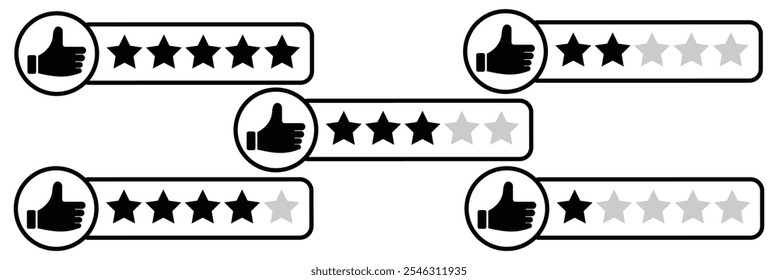 Customer review rating vector icon with 5 stars and thumbs up on isolated background eps 10.