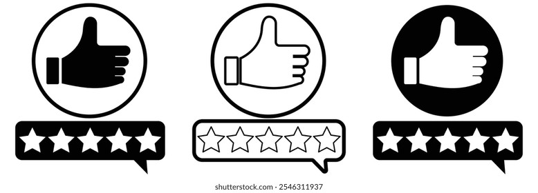 Ícone de vetor de classificação de revisão do cliente com 5 estrelas e polegares para cima no fundo isolado eps 10.