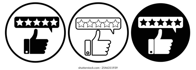 Customer review rating vector icon with 5 stars and thumbs up on isolated background eps 10.