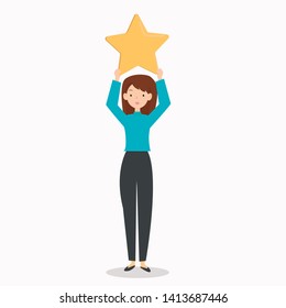 Customer review rating. woman give review rating and feedback. Flat vector illustration.