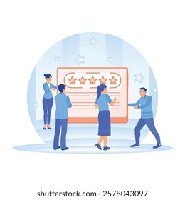 Customer review ratings. A group of people analyzing the appearance of five-star reviews. Customer Satisfaction concept. Flat vector illustration.