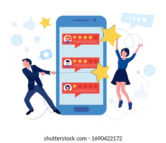 Concepto de comentarios de satisfacción y revisión por parte del cliente. Vector