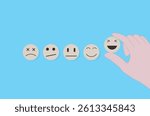 Customer review satisfaction feedback survey concept background vector art. Hand picked happy smiley face icon on block with a blue background