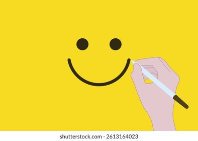 Customer review satisfaction feedback survey concept background vector art. Hand using a pen to draw a happy smiling face on a yellow background