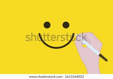 Customer review satisfaction feedback survey concept background vector art. Hand using a pen to draw a happy smiling face on a yellow background