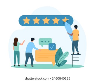 Customer review, satisfaction survey, feedback about positive experience of client. Tiny people draw five stars with marker, give good comments and likes in social media cartoon vector illustration
