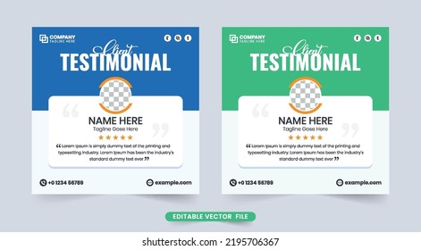 Customer review section design with a photo placeholder and stars. Creative client testimonial vector with blue and green colors. Customer service feedback and testimonial design for websites.