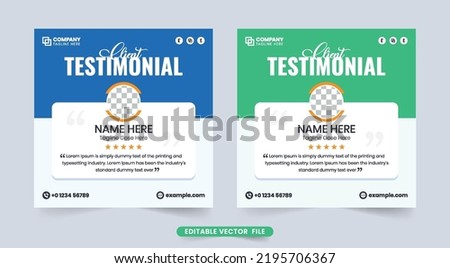 Customer review section design with a photo placeholder and stars. Creative client testimonial vector with blue and green colors. Customer service feedback and testimonial design for websites.