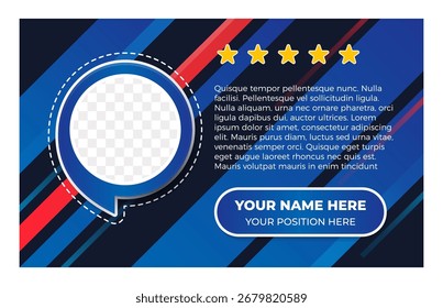 Customer review section template design with a photo placeholder and stars. Creative client testimonial vector with blue and red colors. Customer service feedback and testimonials design for websites.