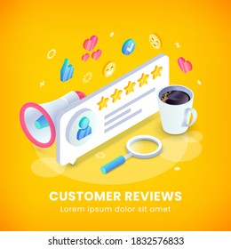Customer review service, product rate feedback isometric banner concept. 3d Rating speech bubble with gold stars and user icon, loudspeaker, coffee. Trendy vector illustration for mobile app, web site