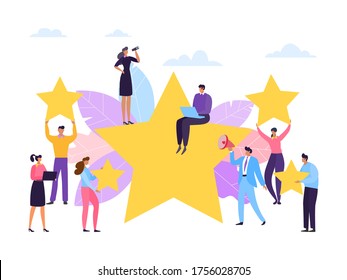 Customer review, service rate stars concept, vector illustration. People feedback, business satisfaction for good service quality, positive client rating. Man woman people character hold star icon.