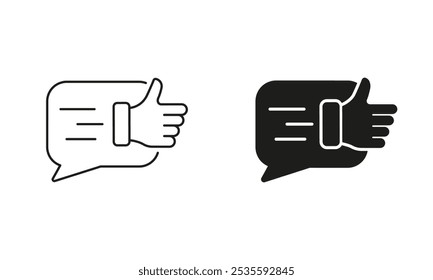 Customer Review Sign. Good Feedback Line and Silhouette Icon Set. Thumb Up With Speech Bubble Pictogram. Positive Communication Symbol. Editable Stroke. Isolated Vector Illustration.