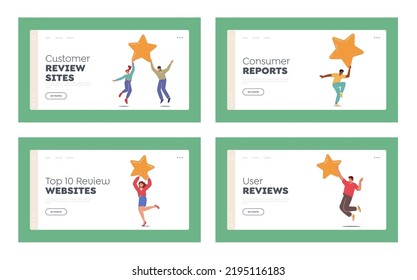 Customer Review Sites Landing Page Template Set. Recommendation, User Rating Star. Man and Woman Characters Hold Yellow Star to Rate Service or Goods. Client Feedback. Cartoon Vector Illustration