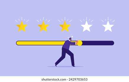 Customer review survey concept concepts, positive user reviews, businessman trying to push customer feedback bar to five stars