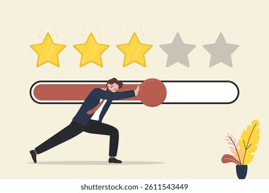 Customer review survey concept. Positive user reviews. Low rating, but businessman trying to push customer feedback bar to five stars. Client satisfaction, testimonials. flat vector illustration