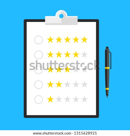 Customer review, survey, feedback, customer satisfaction concepts. Rating. Clipboard with rating stars and pen. Flat design. Vector illustration