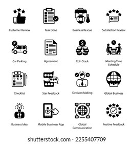 Customer Review, Task Done, Business Rescue, Satisfaction Review, Checklist, Star Feedback, Decision Making, Global Business, Global Communication, Glyph Icons - Solid, Vectors