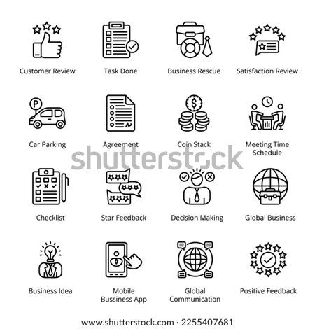 Customer Review, Task Done, Business Rescue, Satisfaction Review, Checklist, Star Feedback, Decision Making, Global Business, Global Communication, Outline Icons - Stroked, Vectors