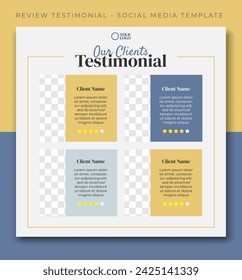 customer review testimonial feedback blue gold social media post template design, event promotion vector banner