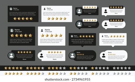 Customer Review Testimonial UI Set with Five Star Rating Cards, User Feedback Comments Design for Product Promotion and Website Interface Vector Illustration