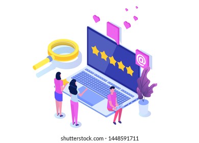 Customer review, Usability Evaluation,  Feedback,  Rating system isometric concept.  illustration