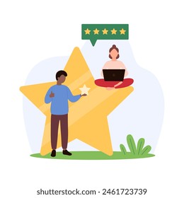 Revisión del Cliente, Comentarios del usuario sobre la buena experiencia del producto. La gente pequeña da cinco estrellas amarillas mensaje a la mejor calidad superior, los clientes votan con la opinión positiva Ilustración vectorial de dibujos animados