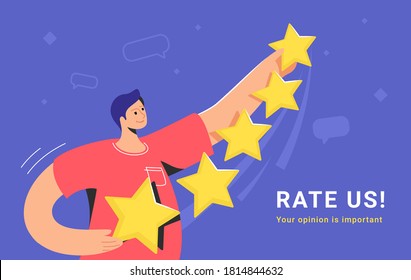 Customer review and user rating five stars. Flat teenage man standing alone and holding some yellow stars to rate a service or goods. Customer feedback and high rating template on blue background