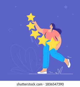 Customer review and user rating five stars. Flat teenage woman walking alone and holding five yellow stars to rate a service or goods. Customer feedback and high rating template on blue background