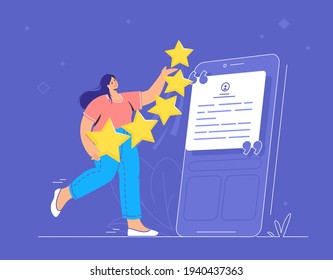 Customer review and user rating five stars. Flat teenage woman walking near big smartphone and holding five yellow stars to leave testimonials and rate a mobile app. Customer feedback and high rating