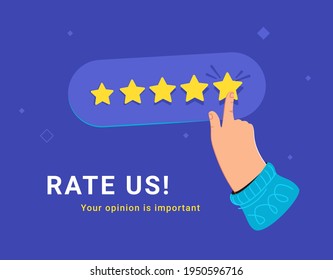 Customer review and user rating five stars. Flat vector illustratiion of human hand choosing five yellow stars to rate a service or goods. Customer feedback and high rating template on blue background