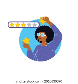 Customer review and user rating five stars. Consumer product review. Black Woman give positive rating and feedback. Woman  holding  yellow star in their hand on blue background