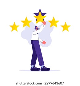 Customer review and user rating five stars, Businessman holding a gold star in hand, to give five, customer feedback and high rating
