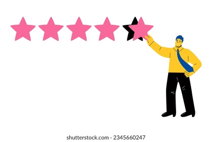 Customer review and user rating five stars, Business man holding a gold star in hand. Flat vector illustration isolated on white background
