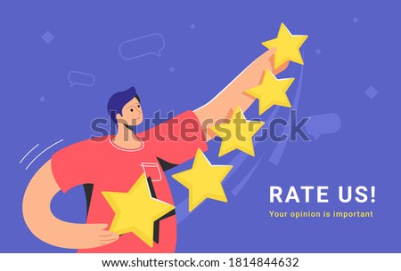 Customer review and user rating five stars. Flat teenage man standing alone and holding some yellow stars to rate a service or goods. Customer feedback and high rating template on blue background