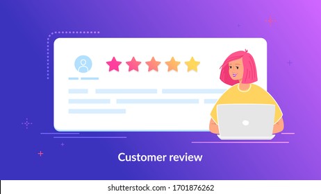 Customer review and user testimonials fulfilled form. Flat teenage woman using laptop to leave comment and rate a service or goods. Customer feedback and rating 5 stars template on purple background