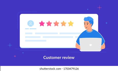 Customer review and user testimonials fulfilled form. Flat teenage man using laptop to leave comment and rate a service or goods. Customer feedback and rating 5 stars template on purple background