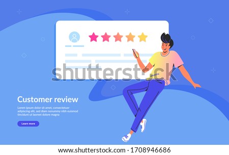 Customer review and user testimonials fulfilled form. Flat teenage man using smartphone to leave comment and rate a service or goods. Customer feedback and rating 5 stars template on blue background