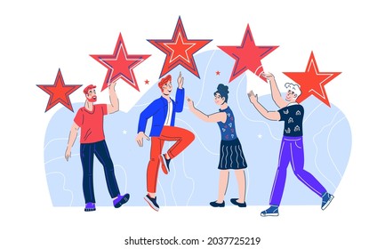 Customer review and users satisfaction rating. People give five stars review rating and feedback. Clients choice and recommendation, flat cartoon vector illustration isolated on white background.