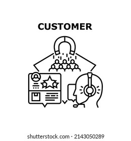 Concepto de icono del vector de revisión del cliente. Revisión Del Cliente De La Calidad Del Servicio Y Del Producto, Ocupación Del Departamento De Marketing Para La Búsqueda De Clientes Y Soporte Del Centro De Llamadas Ilustración Negra