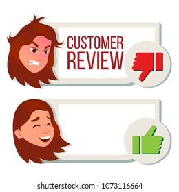 Customer Review Vector. Positive, Negative Review. Testimonials Messages. Client Rate And Text. Happy And Unhappy Woman User. Isolated Flat Illustration
