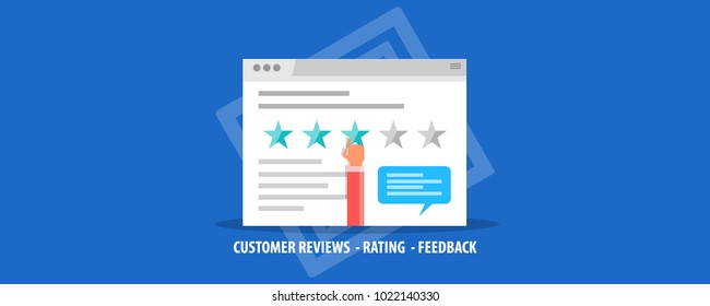 Customer review, web rating, feedback and satisfaction flat vector banner isolated on blue background