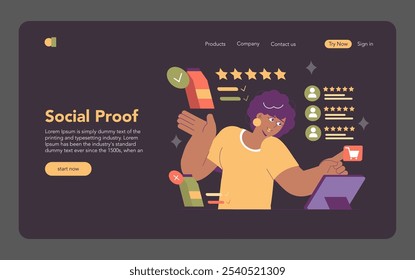Konzept der Website für die Kundenbewertung. Ein Benutzer bewertet Produkte, indem er soziale Beweise mit Sternen und Likes erstellt. Aufbau von digitalem Vertrauen durch Feedback der Verbraucher. Vektorgrafik.
