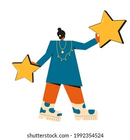 Customer review. Womanwith two rate signs. Female character wearing in casual clothes standing with huge gold stars isolated on a white background. Person with raking symbol. Vector flat illustration.