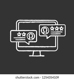 Customer reviews chalk icon. Positive feedback messages. Rating. Service satisfaction. Computer screen. Isolated vector chalkboard illustration