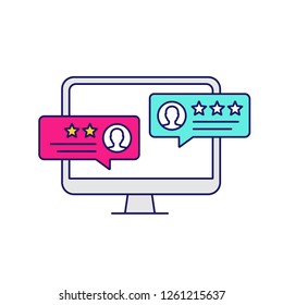 Customer reviews color icon. Positive feedback messages. Rating. Service satisfaction. Computer screen. Isolated vector illustration