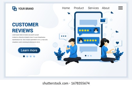 Customer reviews concept with characters. Positive feedback, satisfaction and evaluation for product or services. Modern flat landing page template design for website. Vector illustration