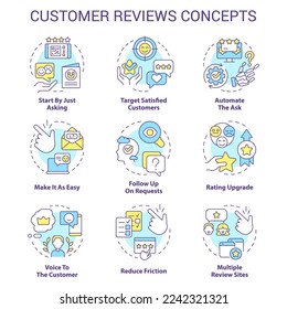 Customer reviews concept icons set. Product marketing idea thin line color illustrations. Satisfied client feedback. Isolated symbols. Editable stroke. Roboto-Medium, Myriad Pro-Bold fonts used