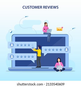 El cliente revisa el concepto. revisiones en línea, experiencia o retroalimentación, clasificación por estrellas, vector de notificaciones
