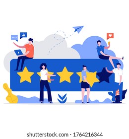 Customer reviews concept. People characters giving five star feedback. Clients choosing satisfaction rating and leaving positive review. Modern vector illustration in flat style for landing page.